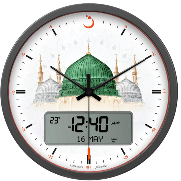 Large Round Wall Ana-Digi Automatic Azan Clock Gray/white