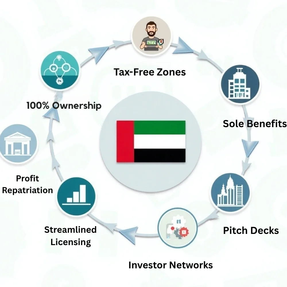 Image of UAE free zone tax benefits and investor networks.