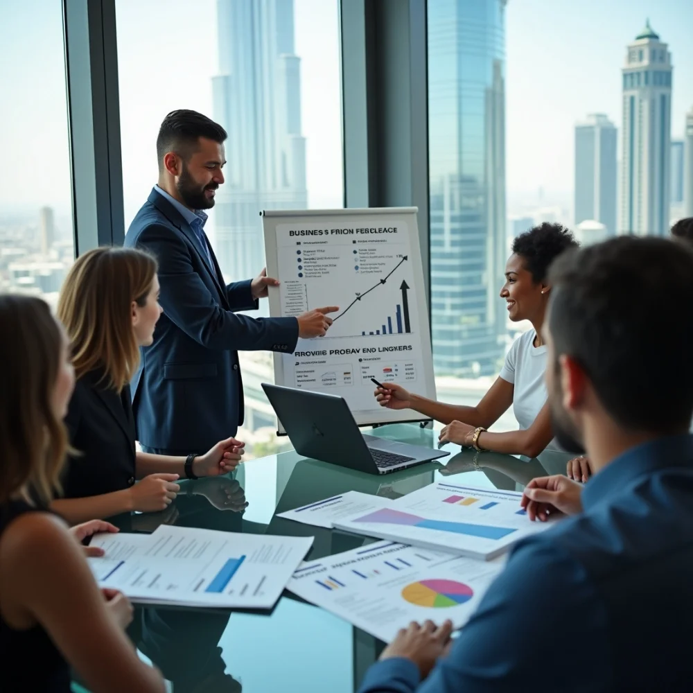 Image of Business team in Dubai planning growth milestones and budget strategy with charts and UAE documents visible.