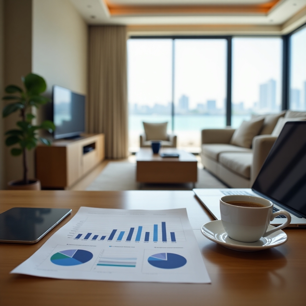 Image of a realistic photo showing Dubai holiday home license setup with rental income overview.