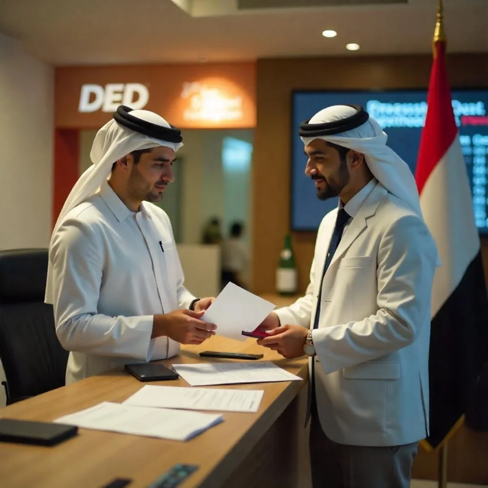 Image of Professional license application process in Dubai with document submission at DED office.