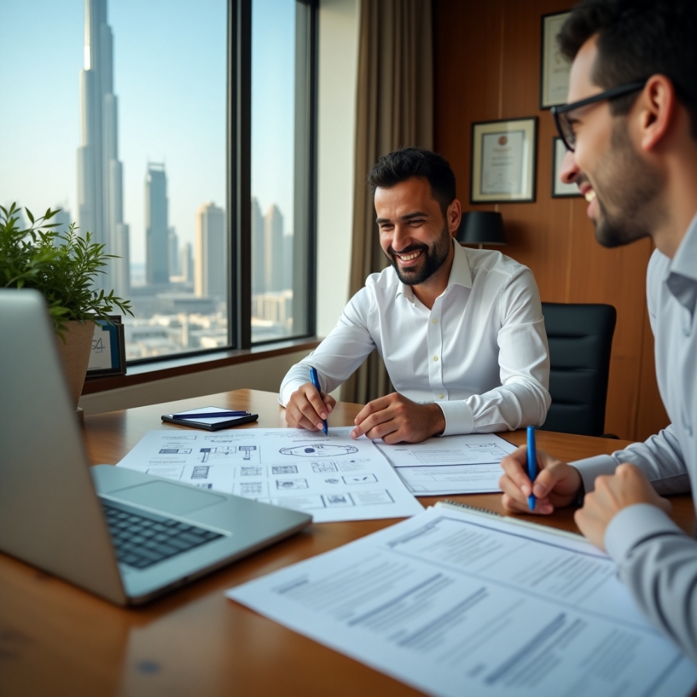 Image of Consultant assisting client with Dubai licence paperwork.