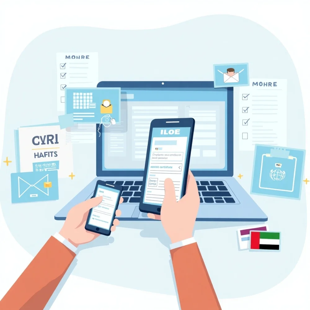 Image of Person downloading ILOE certificate from UAE portal and app.