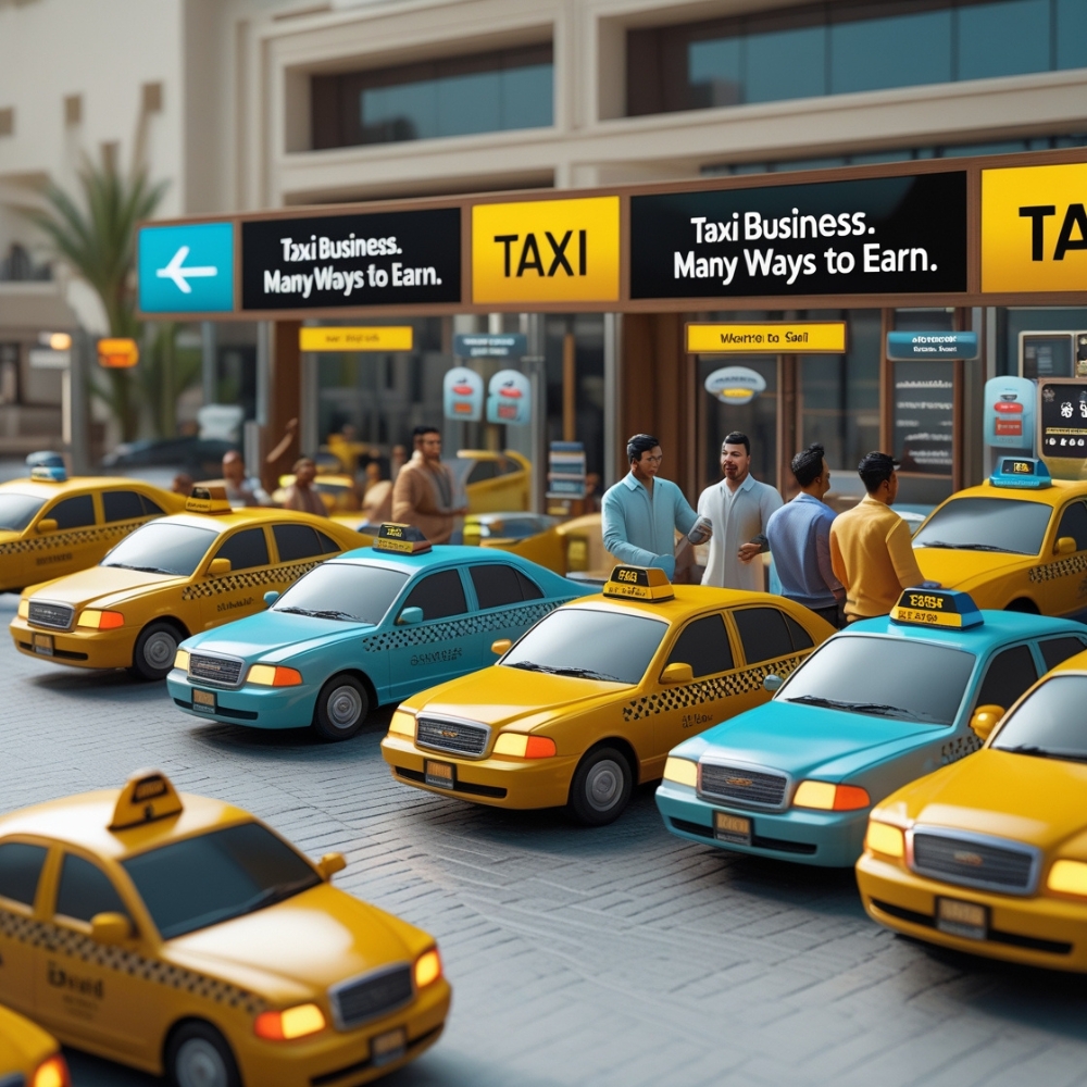 Image of Busy taxi stand in Dubai showing multiple taxis, diverse service types, and real customer interactions, with text overlay “Taxi Business. Many Ways to Earn.”