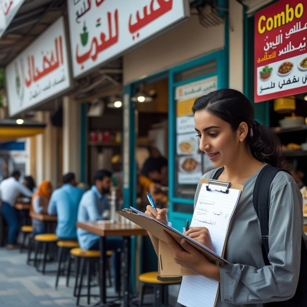 Image of Person taking notes while visiting cafeterias in Dubai.