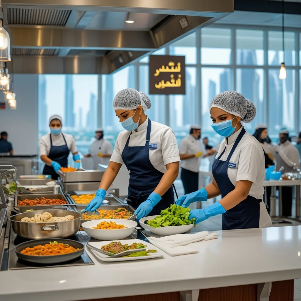Image of Cafeteria staff in Dubai preparing food, serving customers, and cleaning.