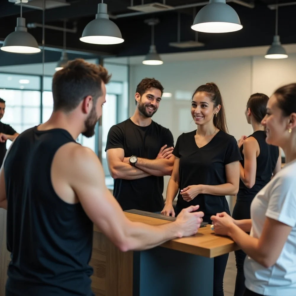 Image of Certified staff in a profitable gym business in Dubai, including trainers and front desk team inside a modern fitness center.