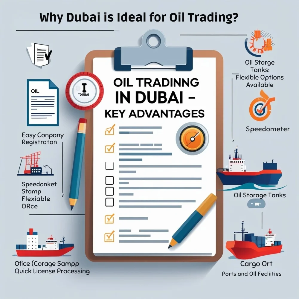 Image of Dubai’s oil trading benefits: fast setup, office options, license speed, and port access.