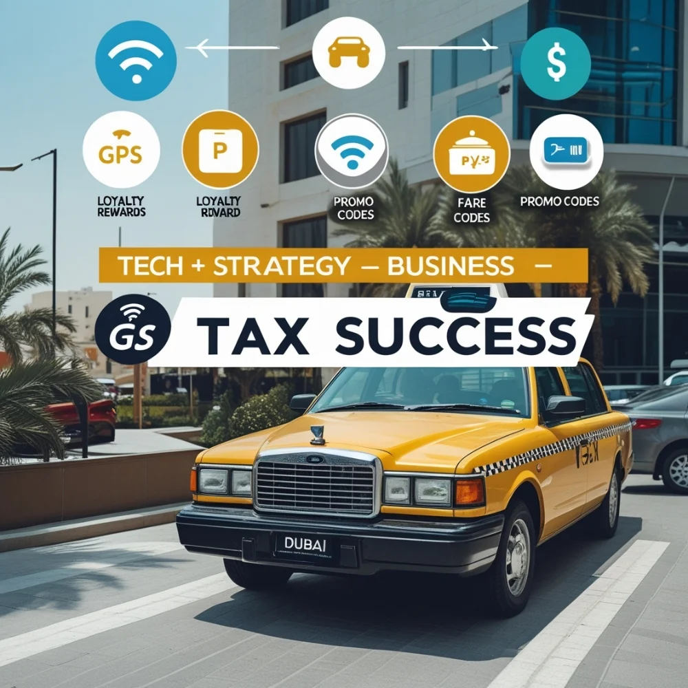 Image of Dubai taxi with tech tools and pricing chart, showing “Tech + Strategy = Taxi Success.