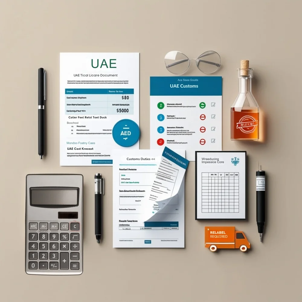 Image of Flat-lay showing UAE food import costs: license, customs, lab tests, and transport.