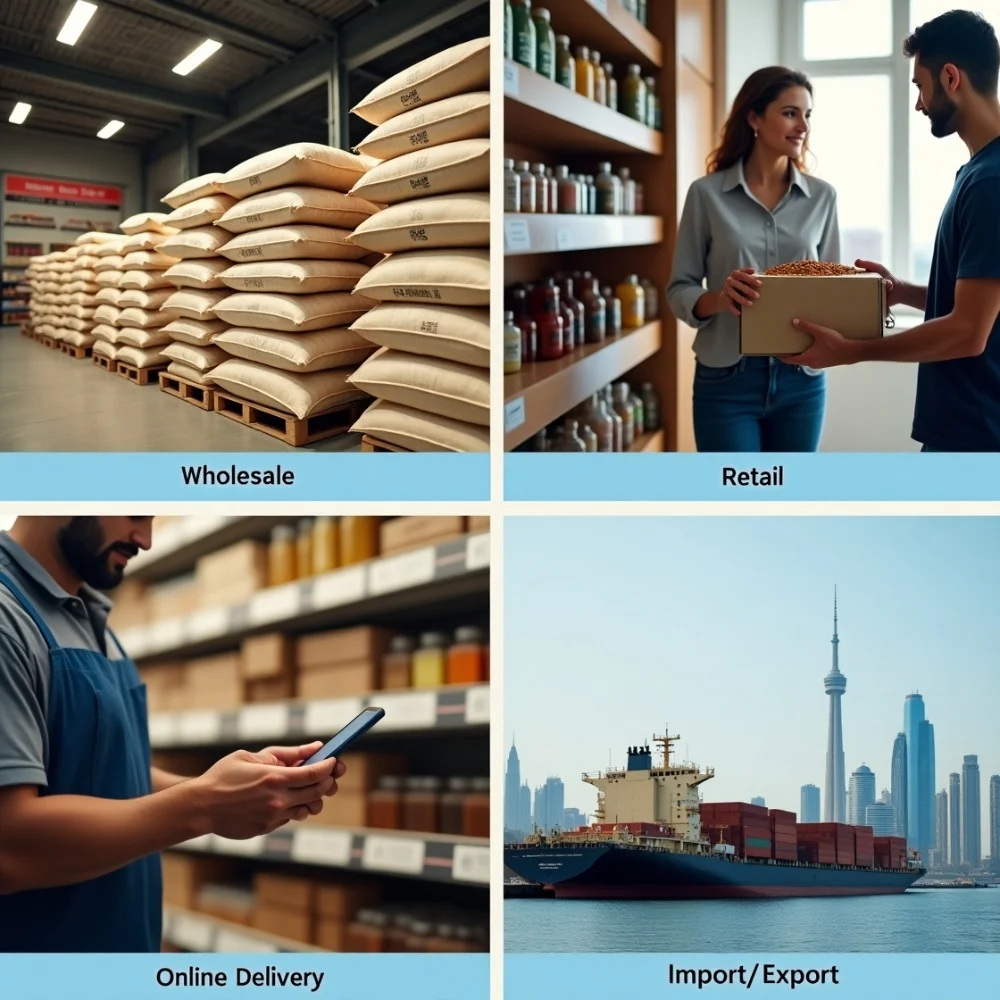 Image of Key food trading models: Wholesale, Retail, Online Delivery, Import/Export.