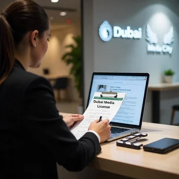 Image of Media entrepreneur applying for a media license at a Dubai authority office