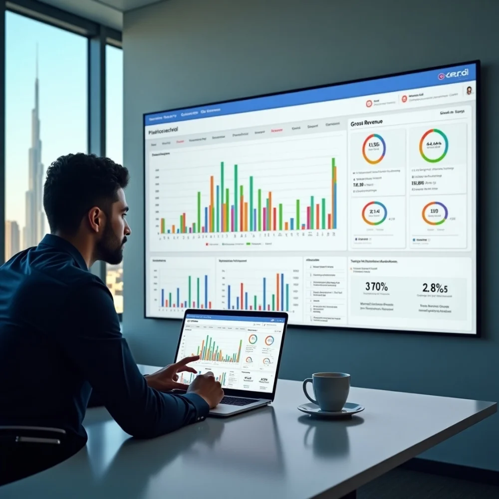 Image of Entrepreneur analyzing net and gross revenue on a digital dashboard in a Dubai office, with accounting software icons and city skyline in background.