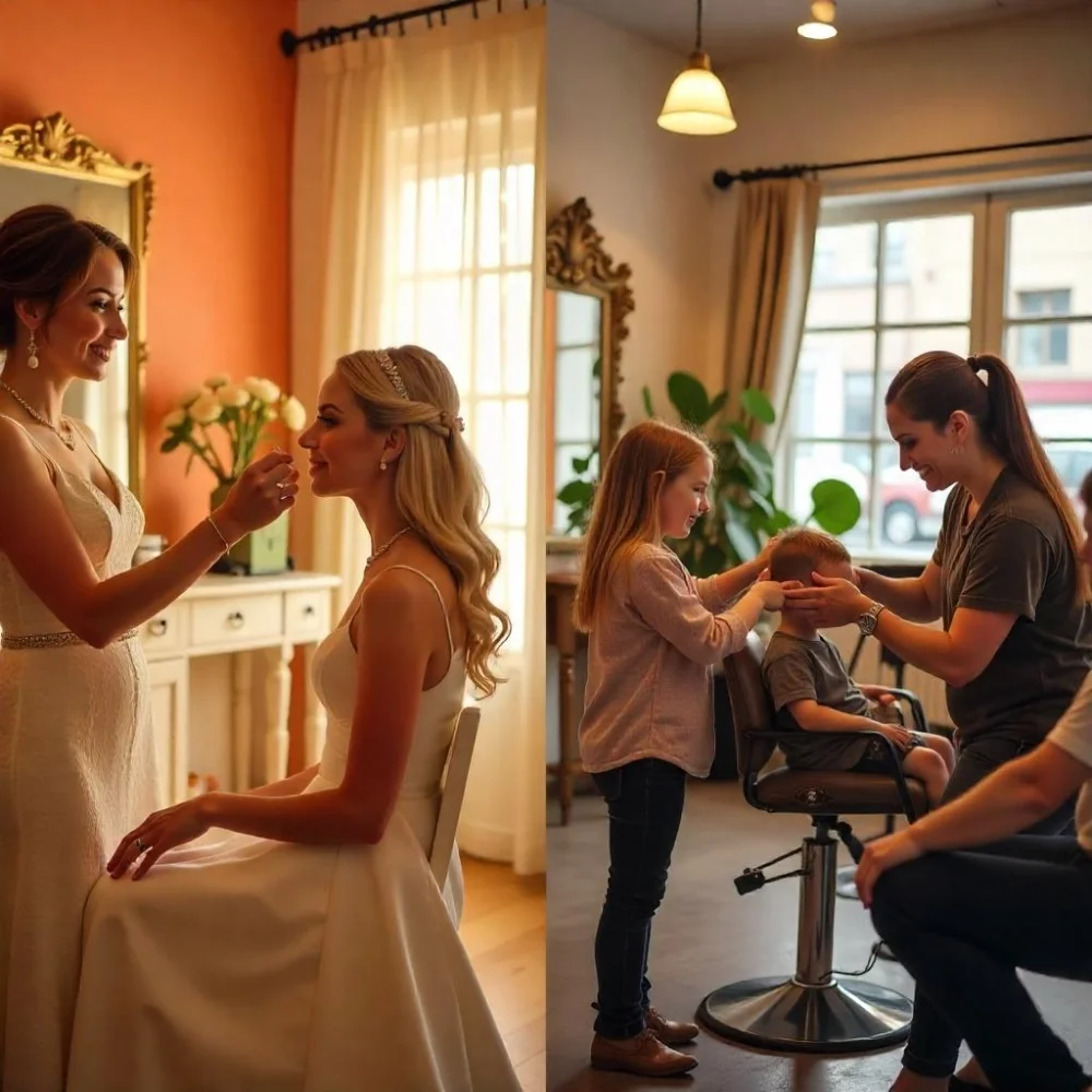 Image of Luxury bridal and family salon styles in split-screen.