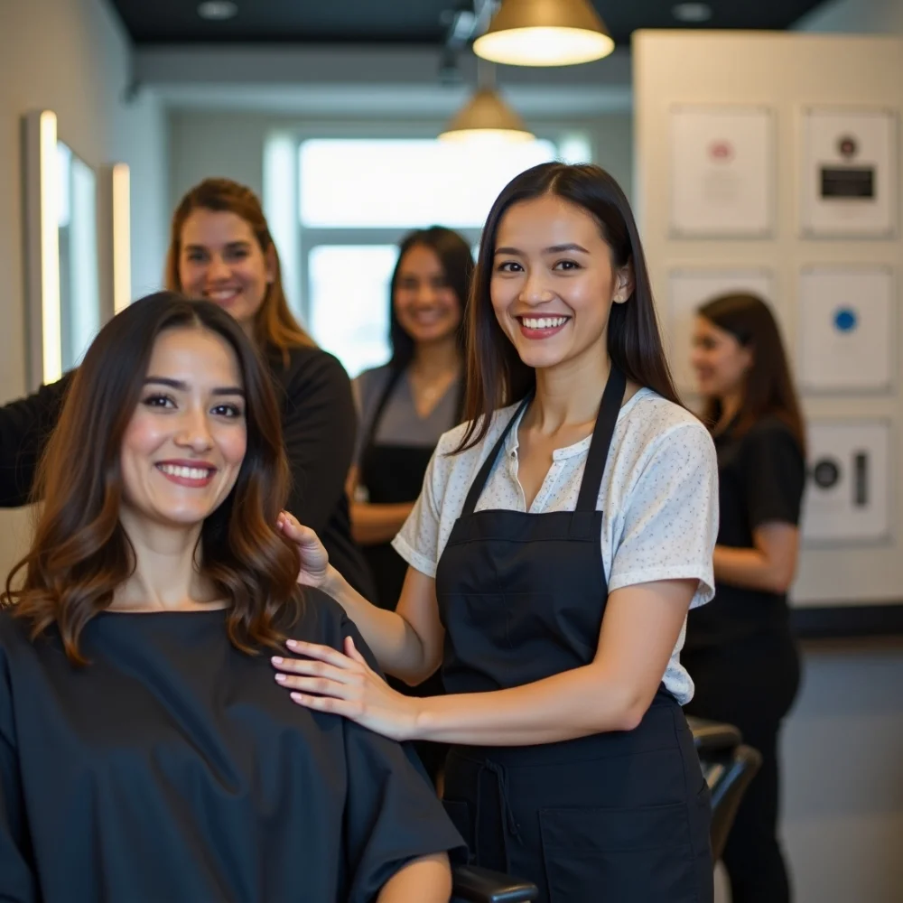 Image of Friendly salon team in Dubai working with happy clients in a modern setting.