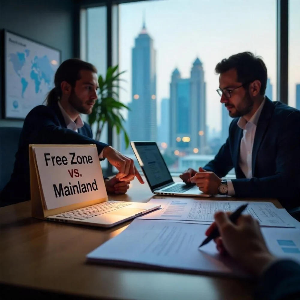 Image of Two business professionals in Dubai comparing free zone and mainland options for setting up a media company