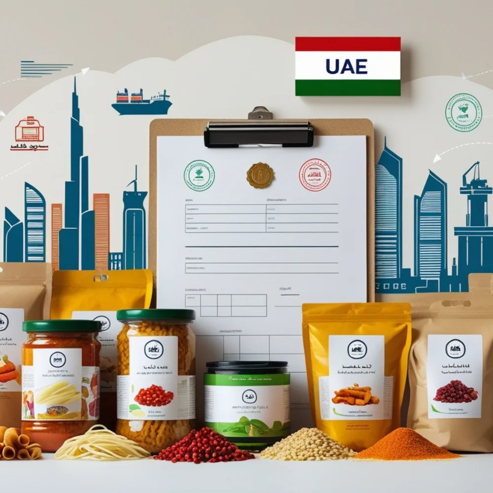 Image of Packaged food with UAE import docs and Dubai trade icons.