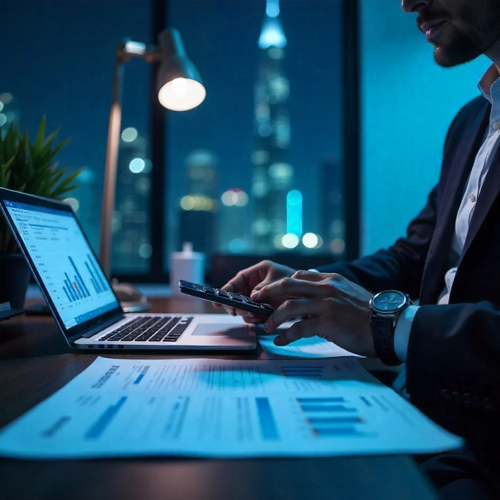 Image of Professional accountant in Dubai reviewing corporate tax and VAT forms at a modern office desk with financial charts and documents.