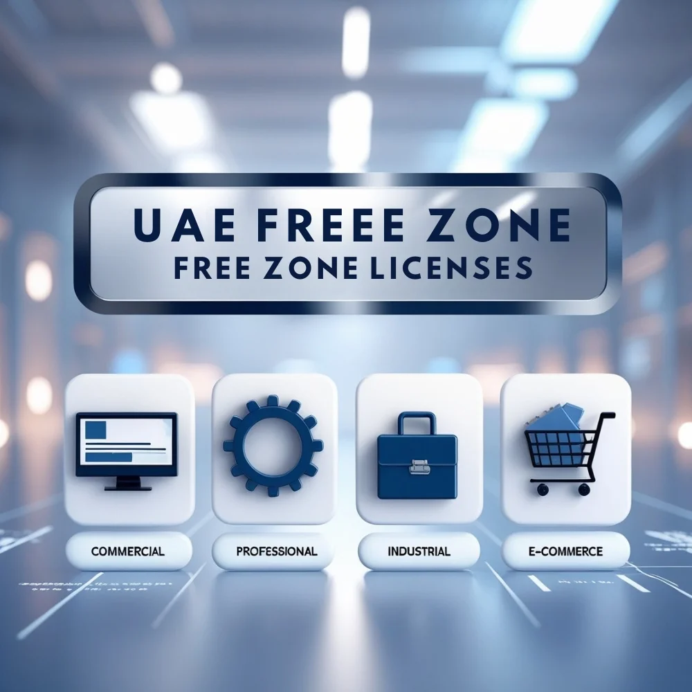 Image of UAE Free Zone license types: Commercial, Professional, Industrial, and E-commerce with business icons