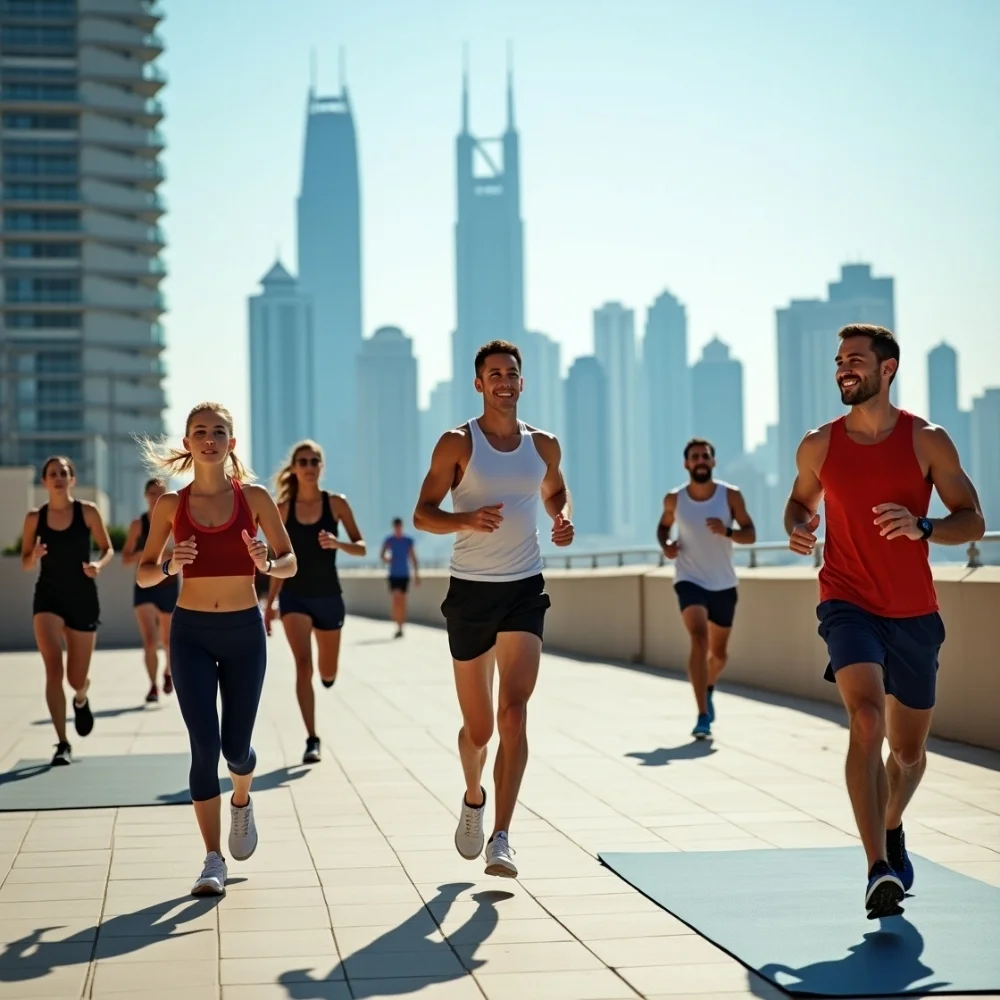 Image of Health-conscious people working out in a profitable gym business in Dubai with the city skyline in the background.