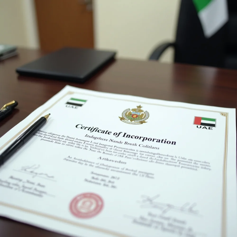 Image of the Legal Certificate of Incorporation of the UAE on a desk.