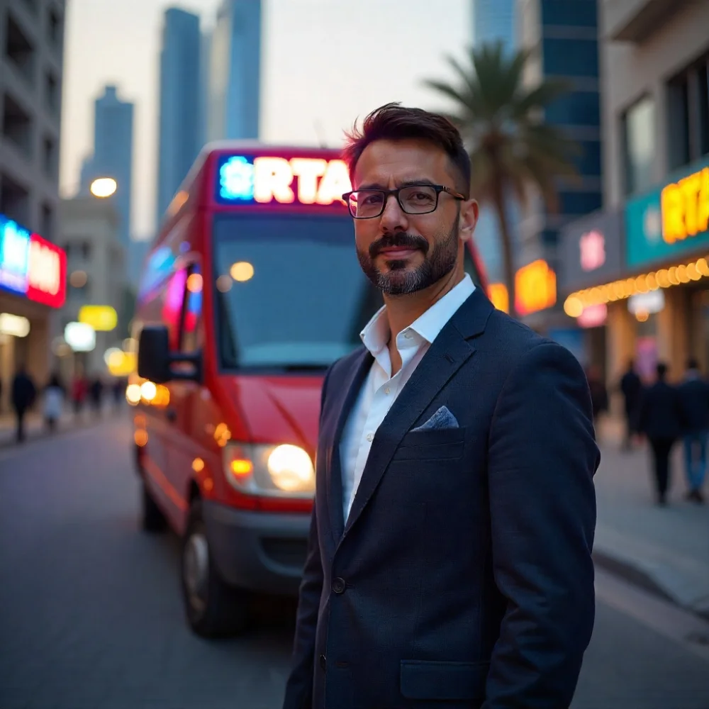 Image of a business owner with a transport van in Dubai City.